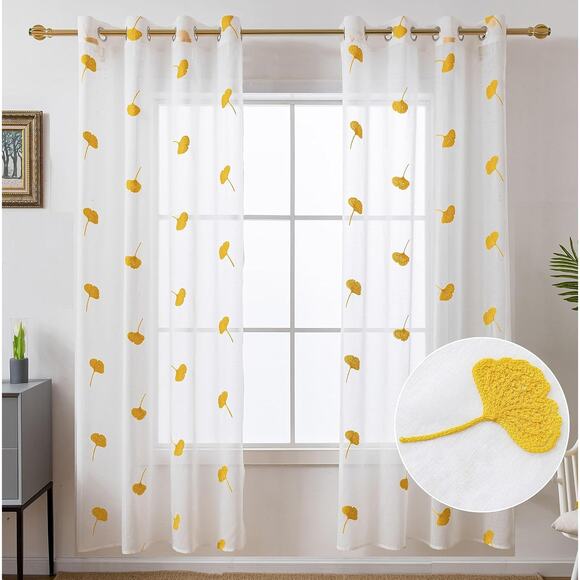 Embroidered ginkgo on semi sheer white curtains 4 panels 52" wide by 95" long - Picture 5 of 5